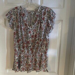 Women's Pleated Sleeve Elastic Waist Floral Top in Red/Ivry L